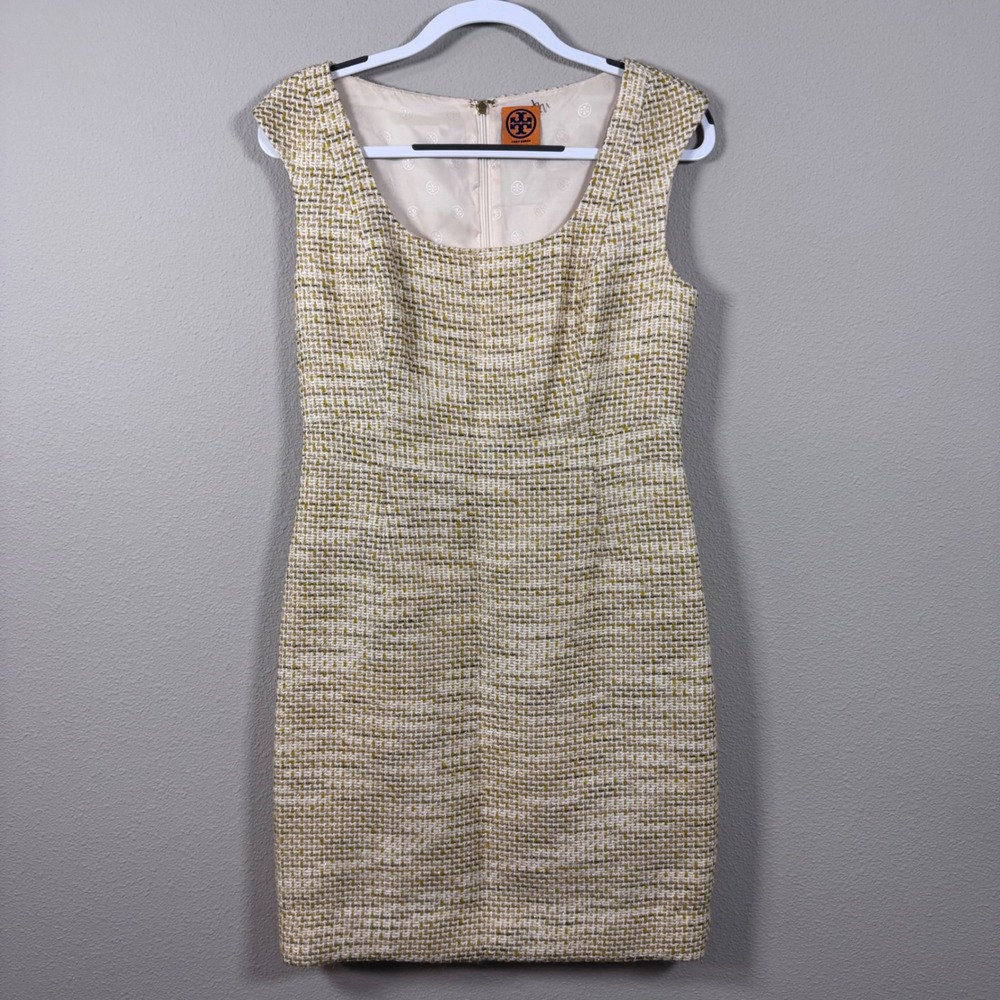 Tory Burch Emma Golden Yellow Metallic Tweed Sleeveless Shift Dress Women's Sz 8